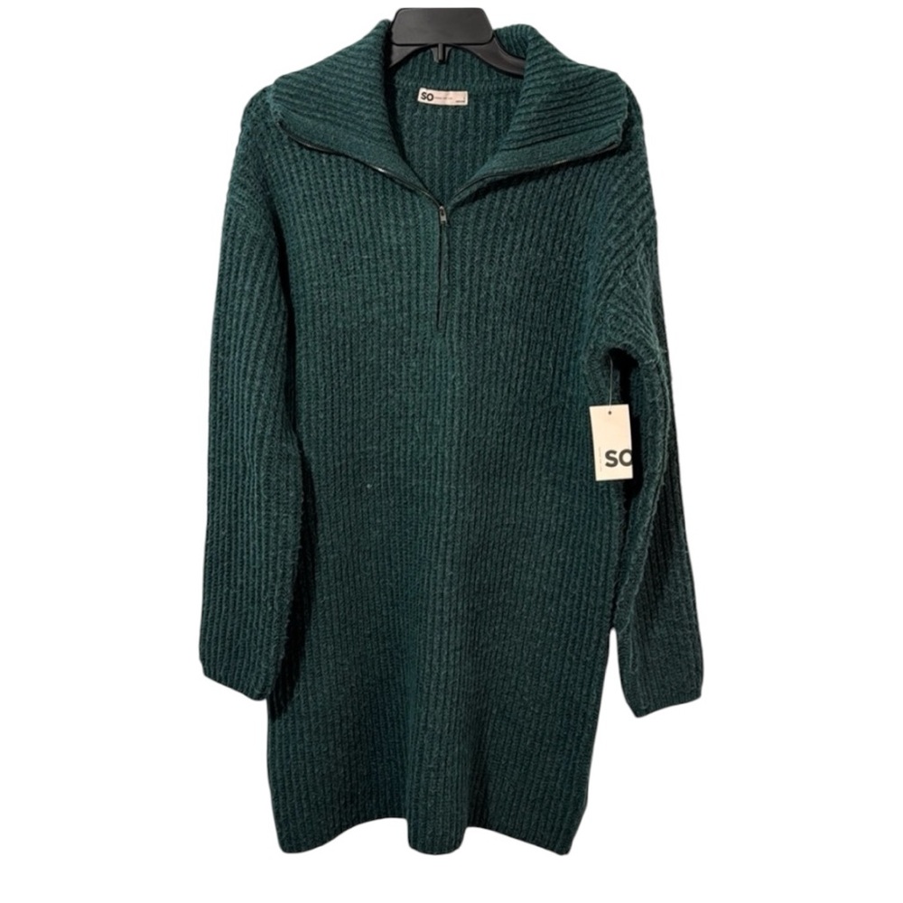 SO Sweater Green Tunic Length Ribbed Quarter Zip w/ Collar Size L ‎ NWT